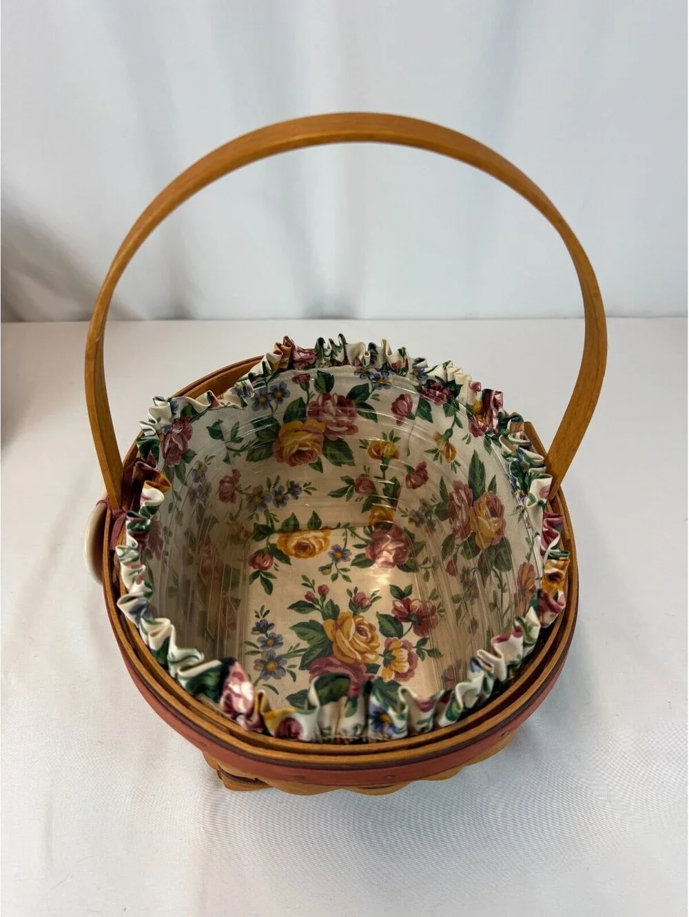 1995 Longaberger Easter Basket w/Floral Liner, Protector & Mother's Day Tie-On